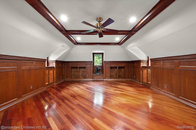 347 Pine Ridge Dr, Bloomfield Hills, MI 48304 - additional living space featuring ceiling fan, a wainscoted wall, light wood-style flooring, and beam ceiling