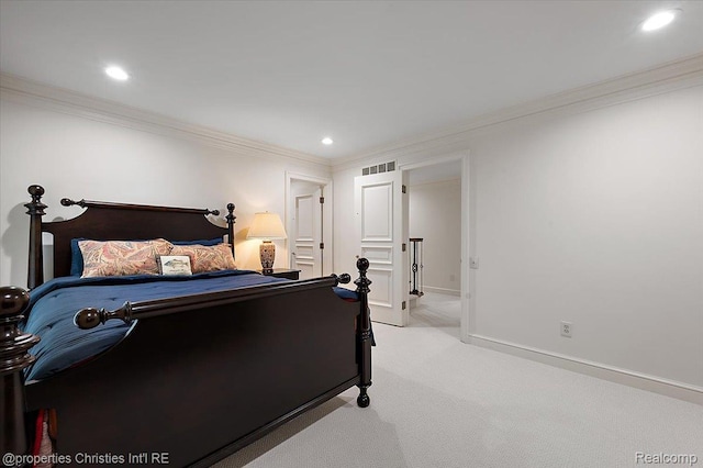 347 Pine Ridge Dr, Bloomfield Hills, MI 48304 - bedroom with ornamental molding, light carpet, and recessed lighting