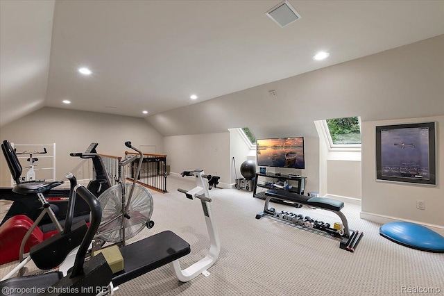 347 Pine Ridge Dr, Bloomfield Hills, MI 48304 - exercise room featuring recessed lighting, vaulted ceiling, and carpet floors