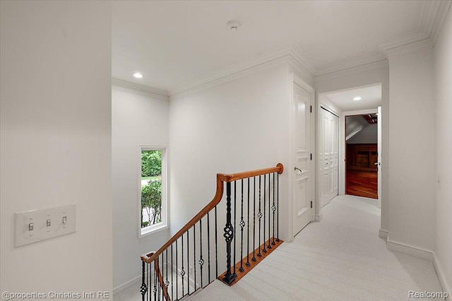 347 Pine Ridge Dr, Bloomfield Hills, MI 48304 - corridor with an upstairs landing, ornamental molding, recessed lighting, and carpet floors