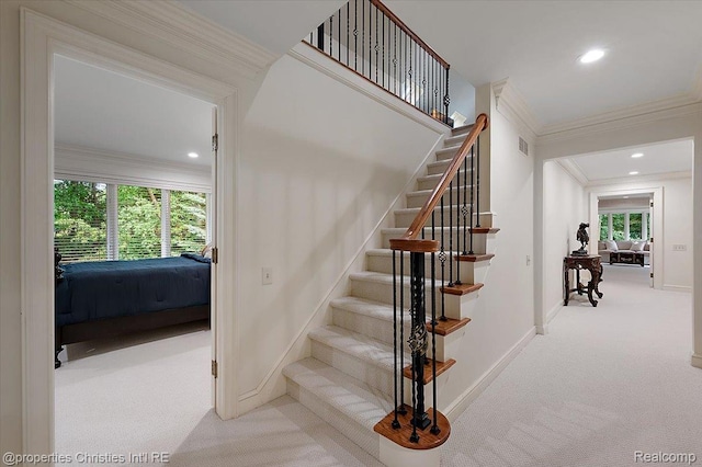 347 Pine Ridge Dr, Bloomfield Hills, MI 48304 - stairway featuring carpet, crown molding, and recessed lighting