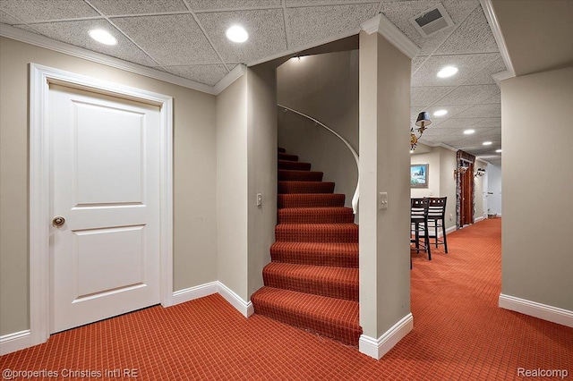 347 Pine Ridge Dr, Bloomfield Hills, MI 48304 - stairway with carpet flooring, ornamental molding, recessed lighting, and a drop ceiling