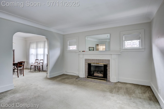 515 W Golden Gate, Detroit, MI 48203 - living area featuring arched walkways, carpet floors, a fireplace, and crown molding