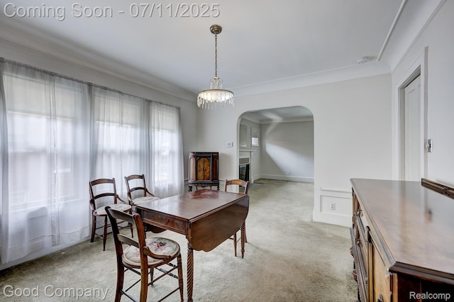 515 W Golden Gate, Detroit, MI 48203 - dining space with arched walkways, light carpet, a glass covered fireplace, and crown molding