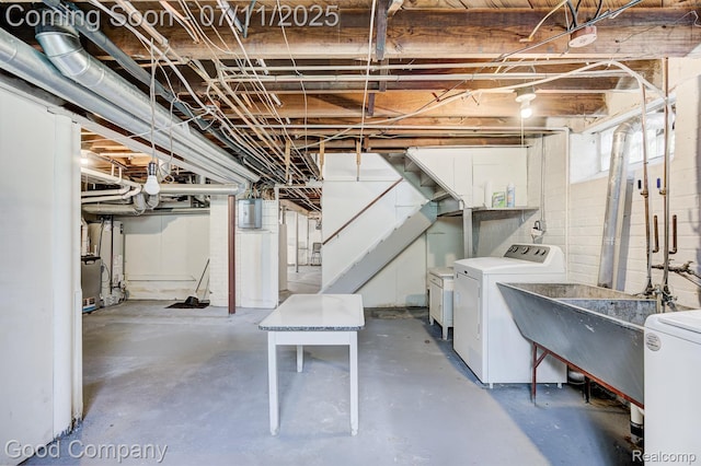 515 W Golden Gate, Detroit, MI 48203 - unfinished basement featuring washing machine and clothes dryer, stairs, and electric panel