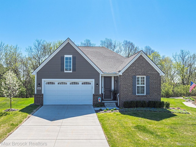 17170 Garden Ridge Ln Unit 72, Northville, MI 48168 - traditional-style home featuring brick siding, concrete driveway, a front lawn, an attached garage, and roof with shingles