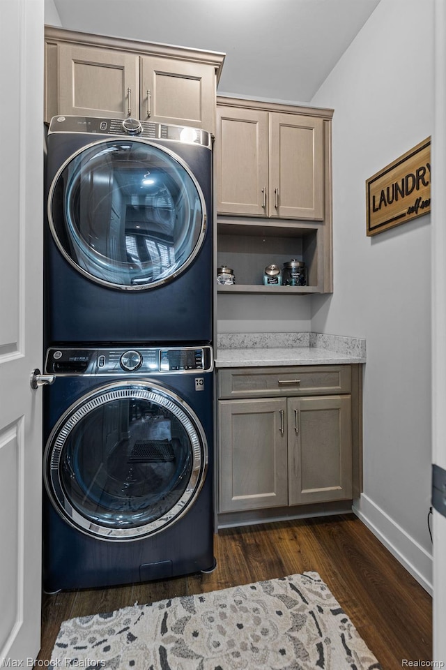 17170 Garden Ridge Ln Unit 72, Northville, MI 48168 - washroom featuring stacked washer / drying machine, cabinet space, and dark wood finished floors