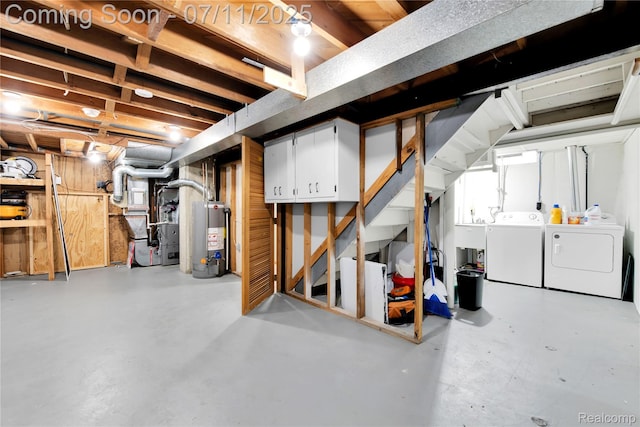 34019 Arrowhead St, Canton, MI 48185 - unfinished basement with water heater, washing machine and clothes dryer, heating unit, and stairs