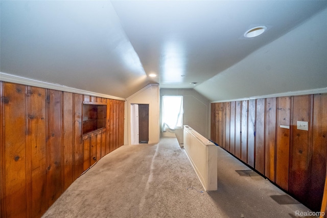 14599 Coyle St, Detroit, MI 48227 - additional living space with vaulted ceiling, carpet floors, and wood walls