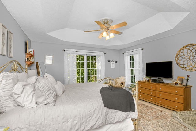9095 Marsh Cir, Galesburg, MI 49053 - bedroom with a raised ceiling, a ceiling fan, and carpet flooring