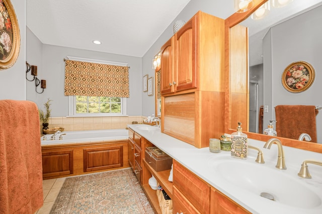 9095 Marsh Cir, Galesburg, MI 49053 - full bath featuring double vanity, tile patterned flooring, a bath, and recessed lighting