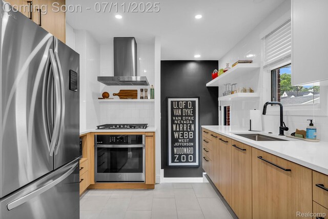 4607 Robinwood Ave, Royal Oak, MI 48073 - kitchen with stainless steel appliances, open shelves, wall chimney range hood, decorative backsplash, and light countertops