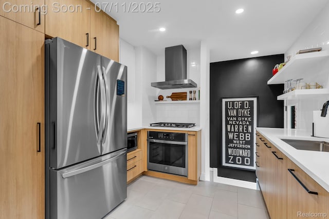 4607 Robinwood Ave, Royal Oak, MI 48073 - kitchen featuring stainless steel appliances, open shelves, wall chimney range hood, light countertops, and recessed lighting