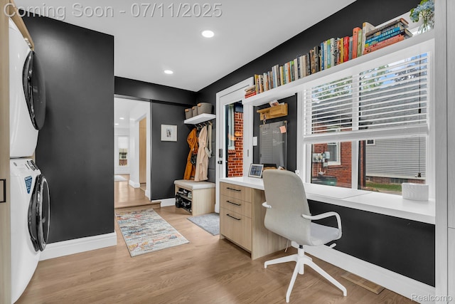 4607 Robinwood Ave, Royal Oak, MI 48073 - office featuring estacked washer and dryer, light wood finished floors, recessed lighting, and built in desk