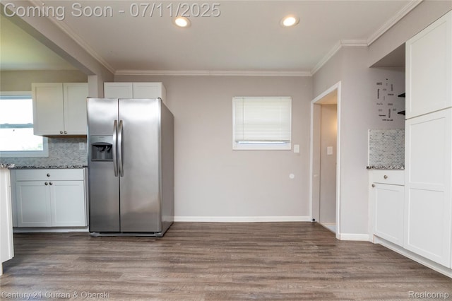 29046 S Wesley Ave, Flat Rock, MI 48134 - kitchen with stainless steel fridge with ice dispenser, decorative backsplash, wood finished floors, crown molding, and recessed lighting
