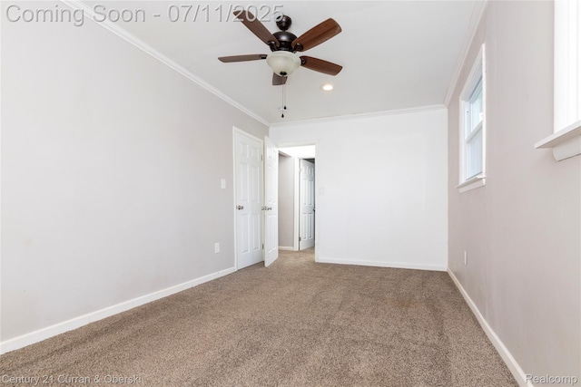 29046 S Wesley Ave, Flat Rock, MI 48134 - carpeted empty room with a ceiling fan, ornamental molding, and recessed lighting