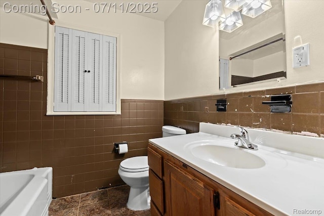 21840 N Tuller Ct, Southfield, MI 48076 - full bathroom with tile walls, vanity, a bath, wainscoting, and a shower
