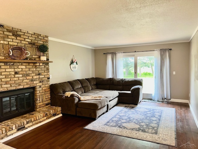 4865 Cactus Dr, Saginaw, MI 48603 - living area featuring wood finished floors, ornamental molding, a brick fireplace, and a textured ceiling