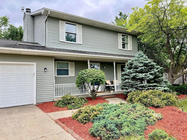 4865 Cactus Dr, Saginaw, MI 48603 - view of front of property with a chimney, covered porch, a garage, and driveway