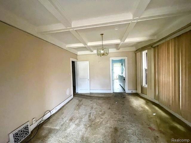 2471-2473 Lothrop St, Detroit, MI 48206 - spare room featuring coffered ceiling, beamed ceiling, and a chandelier