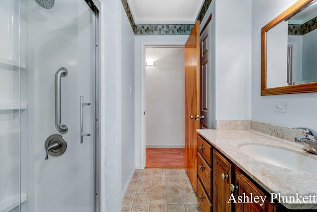 1460 N Peterson Rd, Muskegon, MI 49445 - bathroom with a stall shower, vanity, and stone finish flooring