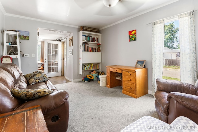 1002 Madison St, Grand Haven, MI 49417 - living area with carpet floors, crown molding, and ceiling fan