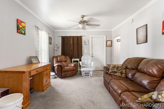 1002 Madison St, Grand Haven, MI 49417 - carpeted living area featuring crown molding and ceiling fan