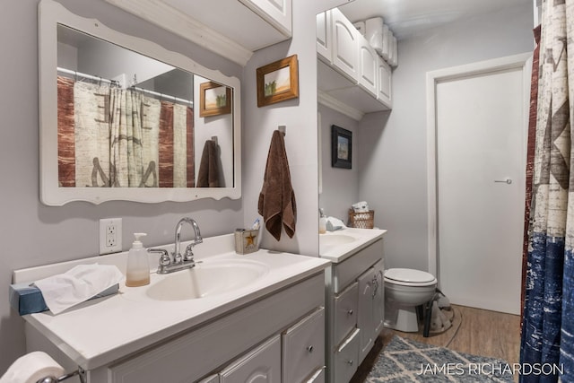 1002 Madison St, Grand Haven, MI 49417 - bathroom with vanity, wood finished floors, and a shower with curtain