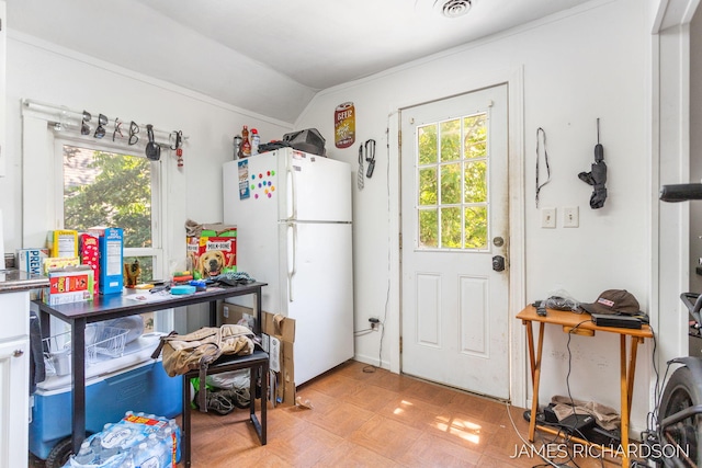 1002 Madison St, Grand Haven, MI 49417 - kitchen featuring freestanding refrigerator, plenty of natural light, lofted ceiling, and light flooring