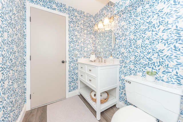 4893 Club Pl, Ypsilanti, MI 48197 - half bath featuring wallpapered walls, wood finished floors, and vanity