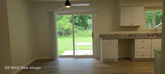 4404 Eastport Dr, Bridgeport, MI 48722 - kitchen with a ceiling fan, white cabinets, healthy amount of natural light, and wood finished floors