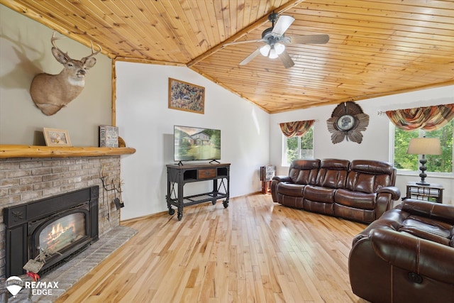 416 State Park Rd, Ortonville, MI 48462 - living room with wood ceiling, wood-type flooring, ceiling fan, a fireplace, and lofted ceiling