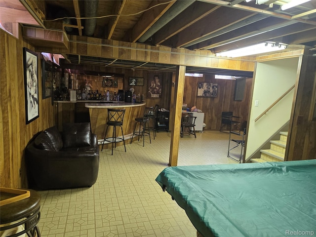 17328 Mcnamara Dr, Garden City, MI 48152 - finished below grade area featuring wooden walls, bar area, tile patterned floors, stairs, and billiards