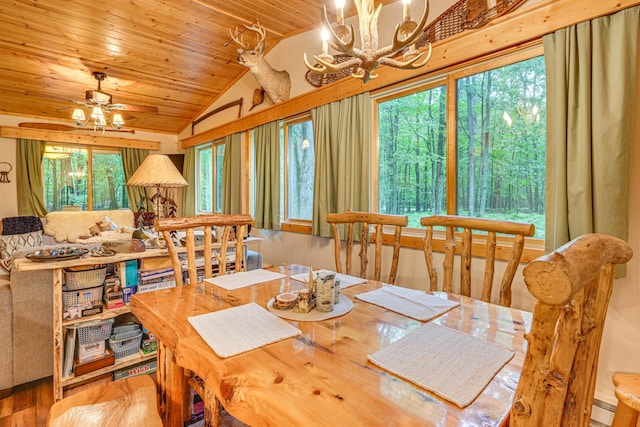5154 Cherry Rd, Farwell, MI 48622 - dining room with wood ceiling, lofted ceiling, a chandelier, wood finished floors, and ceiling fan