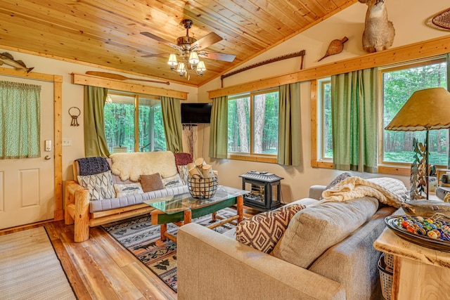 5154 Cherry Rd, Farwell, MI 48622 - living room with lofted ceiling, wood finished floors, wood ceiling, a wood stove, and ceiling fan