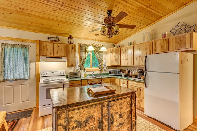 5154 Cherry Rd, Farwell, MI 48622 - kitchen featuring white appliances, under cabinet range hood, wooden ceiling, light wood-style flooring, and ceiling fan