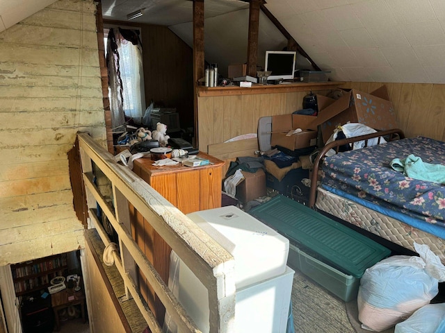 524 S Cherry St, Evart, MI 49631 - bedroom with wooden walls and vaulted ceiling