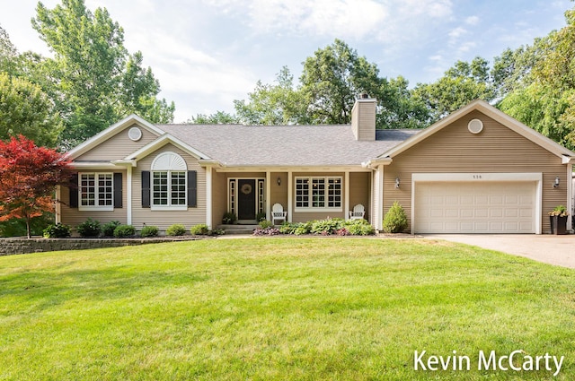 530 Pine Haven Dr, Comstock Park, MI 49321 - ranch-style house featuring a chimney, an attached garage, driveway, a front lawn, and a shingled roof