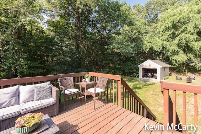 530 Pine Haven Dr, Comstock Park, MI 49321 - wooden deck with an outdoor structure, a lawn, an outdoor hangout area, and view of scattered trees