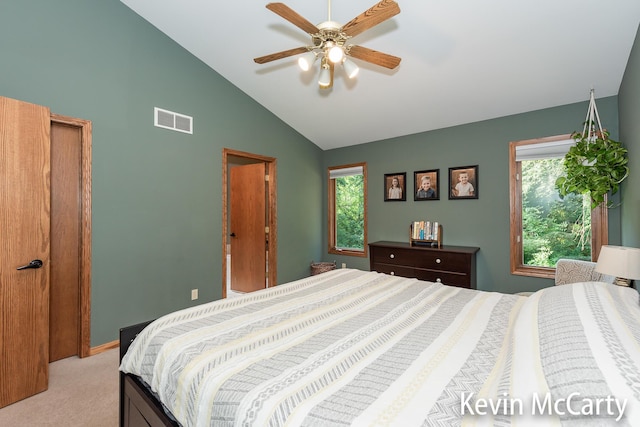 530 Pine Haven Dr, Comstock Park, MI 49321 - bedroom featuring light colored carpet, a ceiling fan, and high vaulted ceiling