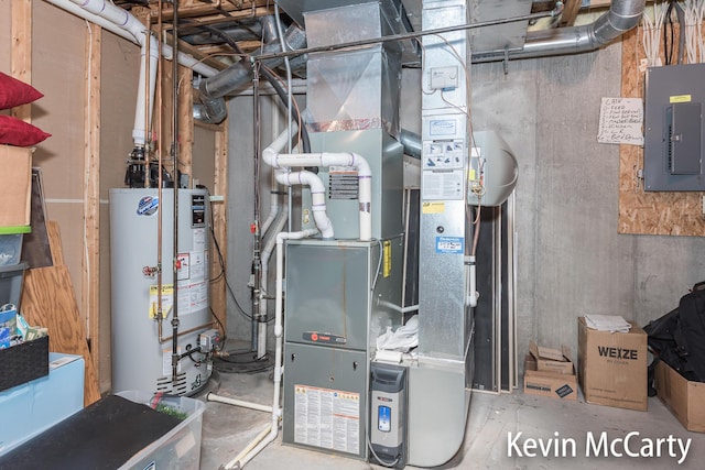 530 Pine Haven Dr, Comstock Park, MI 49321 - utility room featuring gas water heater, electric panel, and heating unit