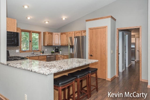 530 Pine Haven Dr, Comstock Park, MI 49321 - kitchen with appliances with stainless steel finishes, a peninsula, lofted ceiling, decorative backsplash, and light stone counters