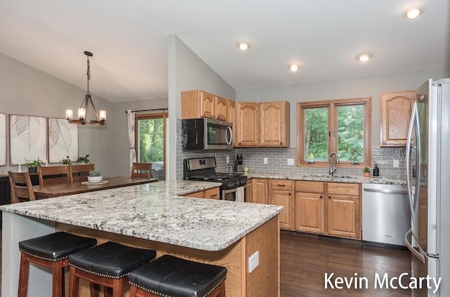 530 Pine Haven Dr, Comstock Park, MI 49321 - kitchen featuring stainless steel appliances, vaulted ceiling, decorative backsplash, a peninsula, and dark wood-type flooring