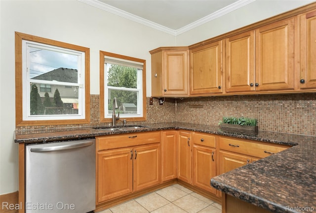 14711 Borgman St, Oak Park, MI 48237 - kitchen with dishwasher, dark stone counters, decorative backsplash, light tile patterned floors, and ornamental molding