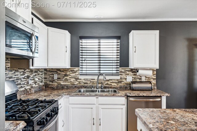 21203 Collingham Ave, Farmington Hills, MI 48336 - kitchen with appliances with stainless steel finishes, tasteful backsplash, white cabinets, and dark stone countertops