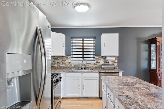 21203 Collingham Ave, Farmington Hills, MI 48336 - kitchen featuring stainless steel appliances, decorative backsplash, white cabinets, and light wood-style flooring