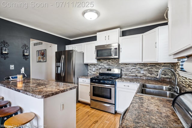 21203 Collingham Ave, Farmington Hills, MI 48336 - kitchen with appliances with stainless steel finishes, a kitchen bar, white cabinetry, and decorative backsplash