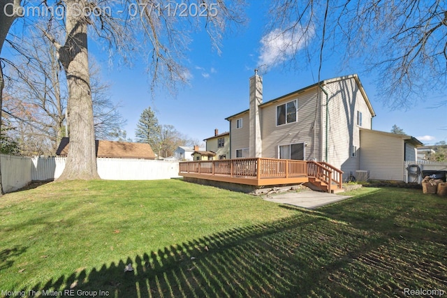21203 Collingham Ave, Farmington Hills, MI 48336 - rear view of property featuring a wooden deck, a fenced backyard, and a chimney