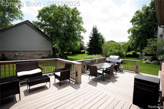 6020 Majestic Oaks Dr, Commerce Twp, MI 48382 - wooden deck featuring outdoor dining area, an outdoor living space, a lawn, and a grill