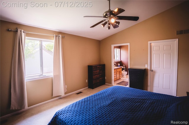 6020 Majestic Oaks Dr, Commerce Twp, MI 48382 - bedroom featuring carpet flooring, vaulted ceiling, ensuite bathroom, and ceiling fan